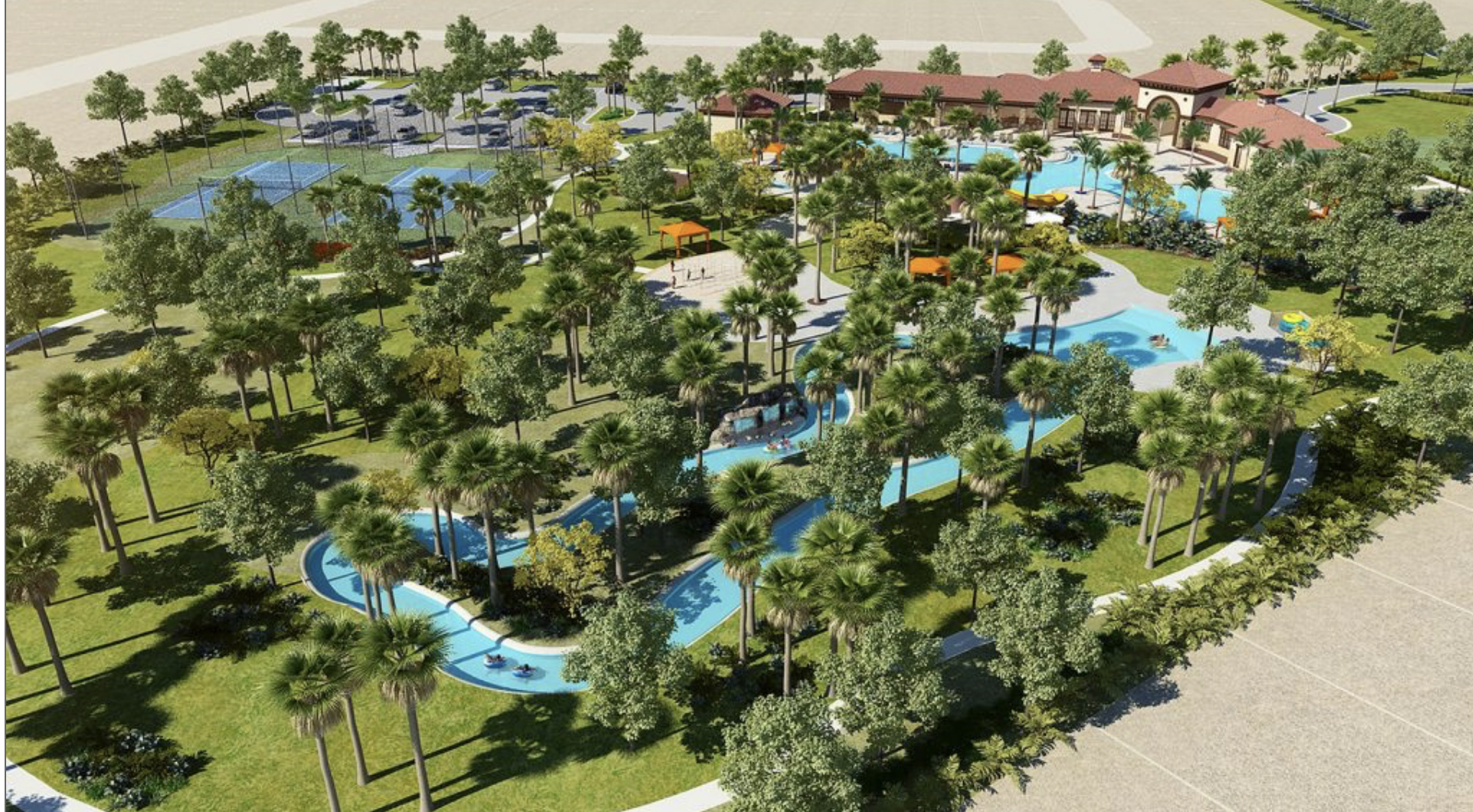 Resort lazy river and clubhouse aerial view